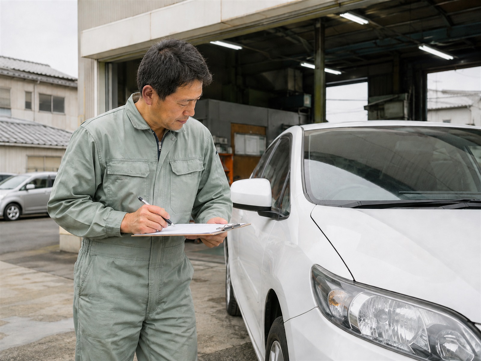 クリップボードを持ち車の状態を確認する整備士