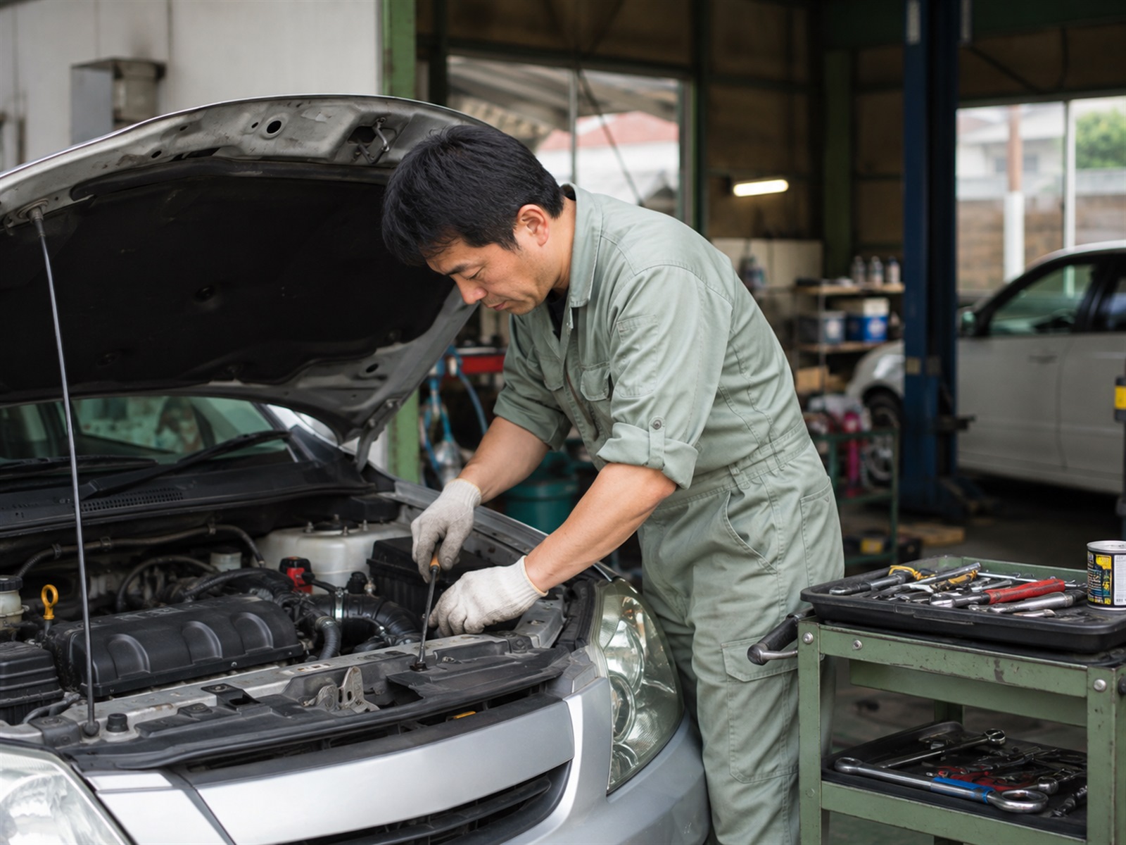 工場で車の作業を行う整備士