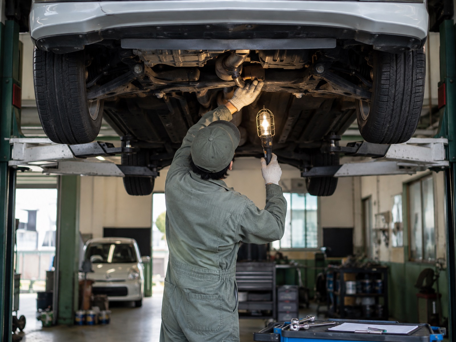 リフトで持ち上げた車を点検整備する様子